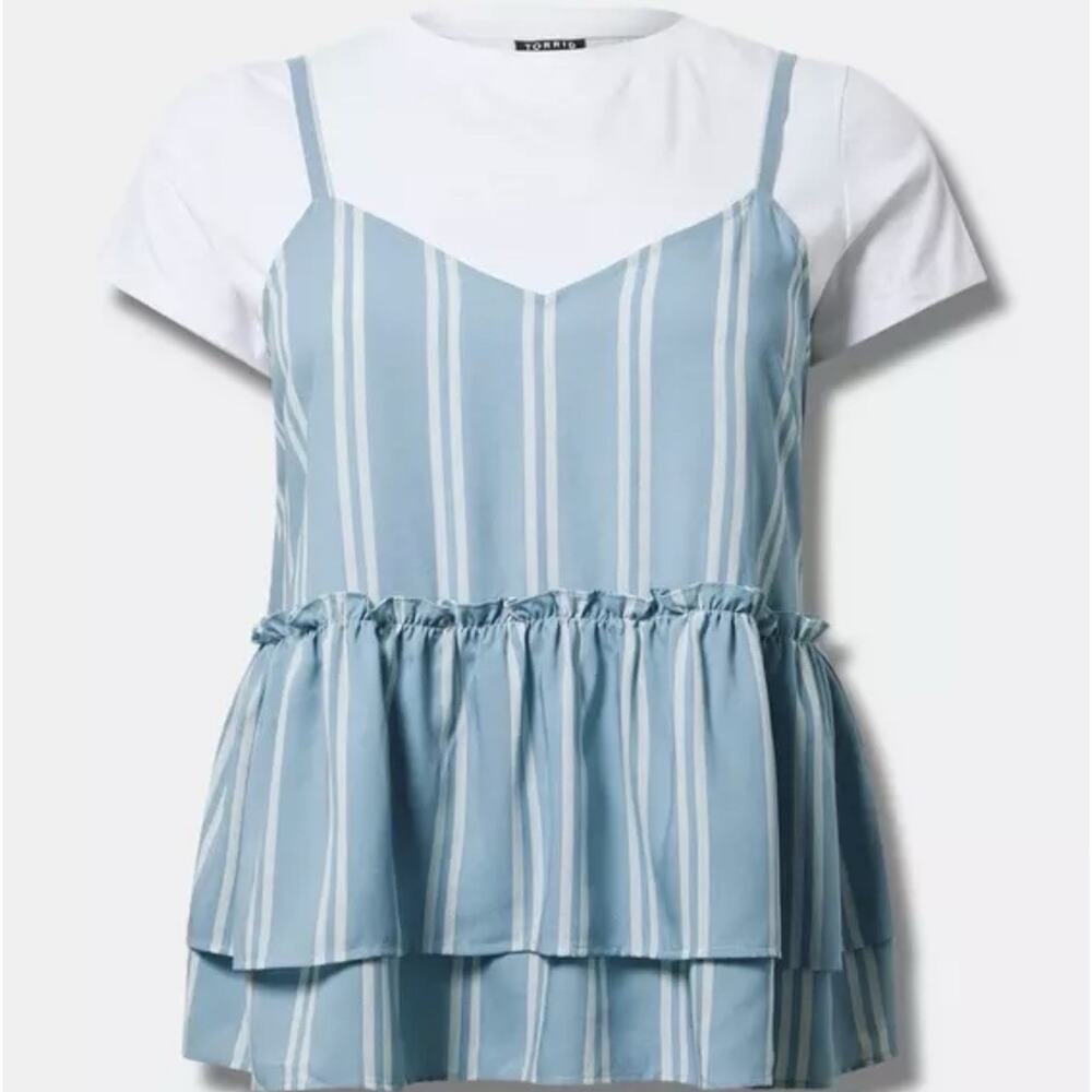 Torrid Size 10 (M/L) Blue White Stripe Camisole Over White T-Shirt 2-in-1 Peplum